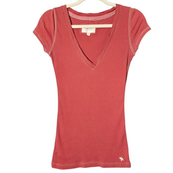 VTG Abercrombie & Fitch Womens Y2K 2000s Moose Deep V-Neck Fitted Shirt Medium - Picture 1 of 11